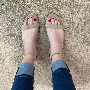 Stuart Weitzman tan suede sandals with 1.25 inch heel